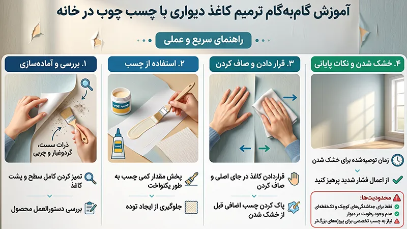 آموزش گام‌به‌گام ترمیم کاغذ دیواری با چسب چوب در خانه